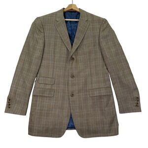 Samuelsohn Mens 44XL Sport Coat Tan Blue Wool Silk Plaid Blazer Jacket Surgeon